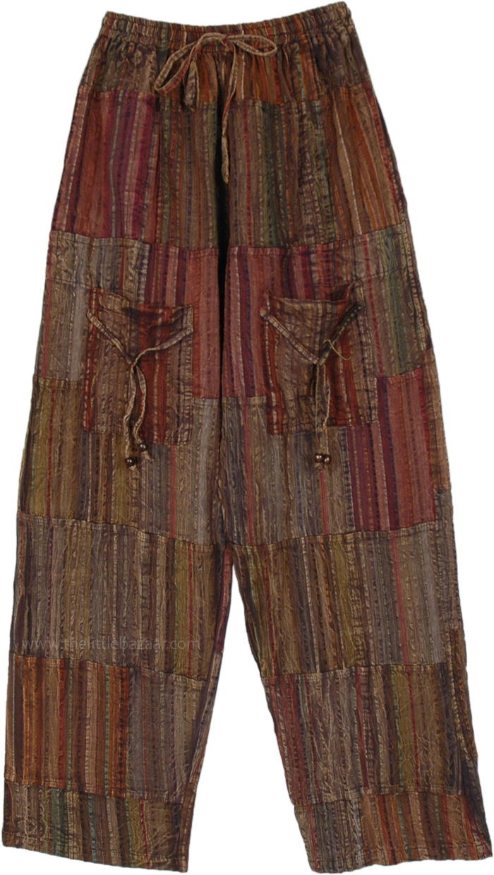Unisex Boho Pants in Seersucker Cotton with Pockets, Woody Hippie Unisex Stonewashed Cotton Pants with Pockets