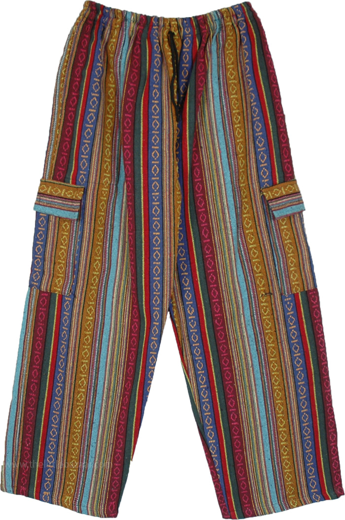 Unisex Multicolor Vertical Stripes with Geometrical Pattern Cargo Pants