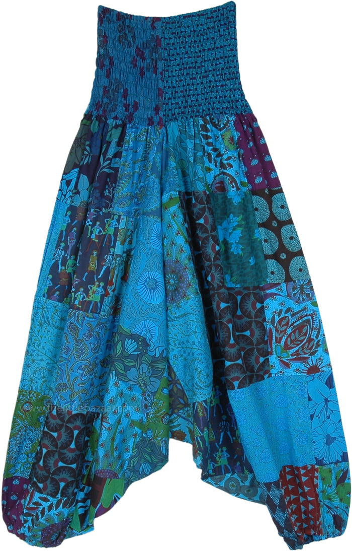 Abstract Hippie Mixed Patchwork Cotton Pants, Blue Lagoon Patchwork Aladdin Pants with Smocked Waist