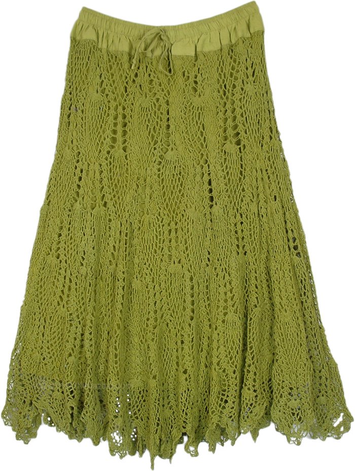 Moss Green Crochet Patterned Maxi Skirt, Pistachio Parrot Crochet Pattern Long Skirt