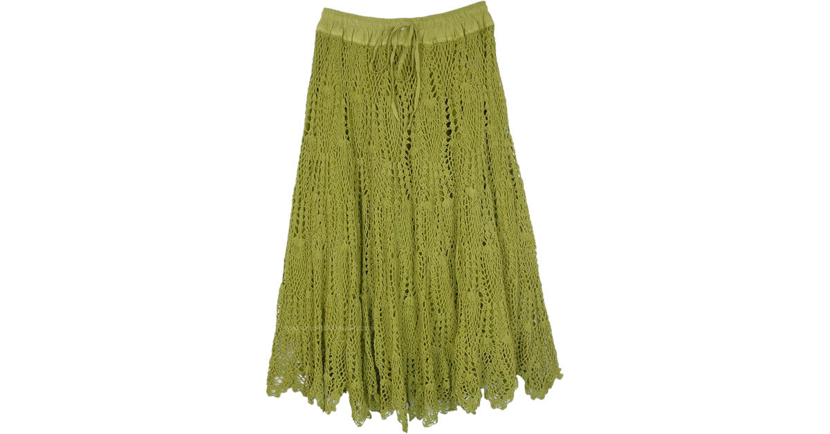 XL Pickle Green Bohemian Crochet Cotton Long Skirt Green Crochet