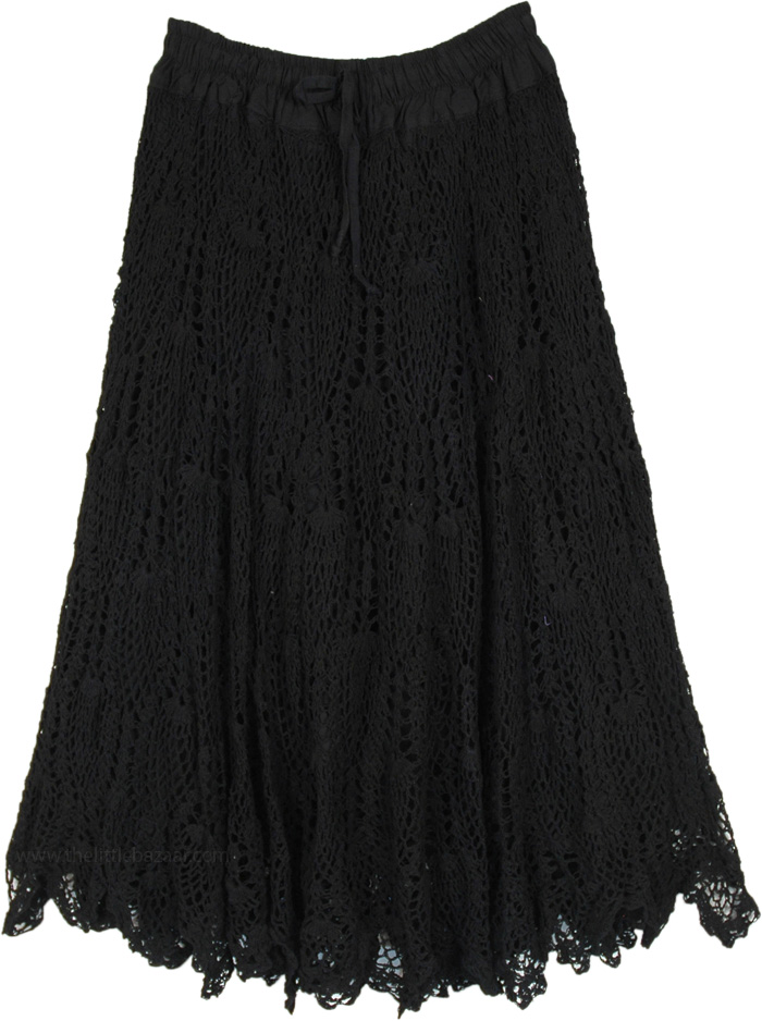 Midnight Black XL All Over Crochet Long Skirt, XL Black All Crochet Bohemian Cotton Long Skirt