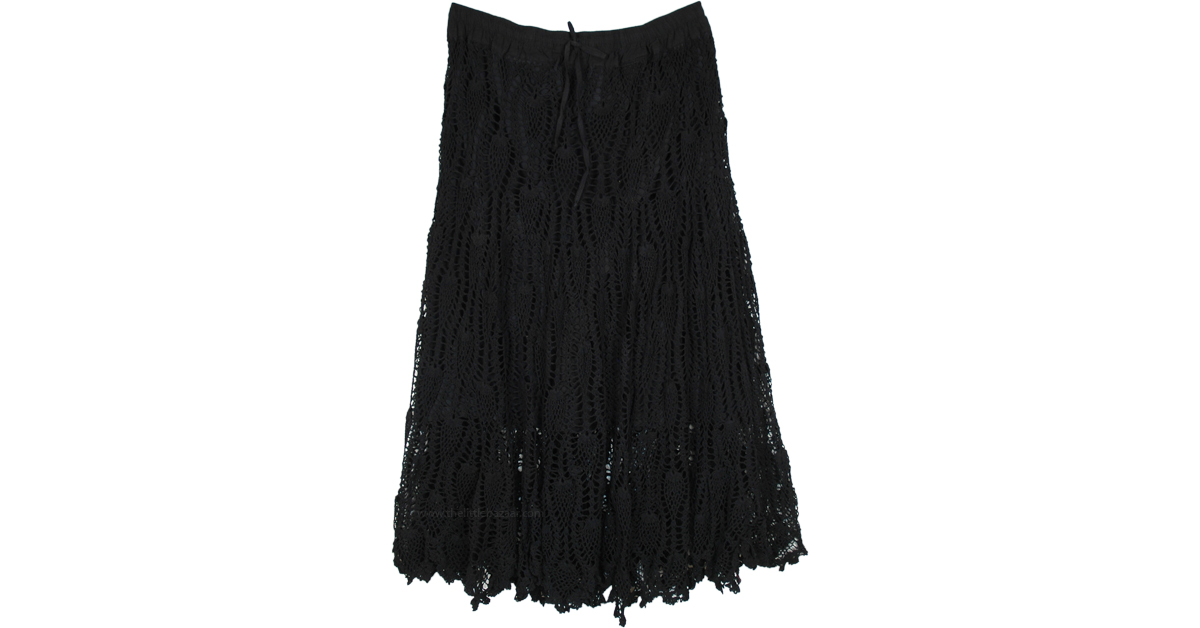 Plus Size Midnight Black Cotton Crochet Long Skirt | Black | Crochet ...