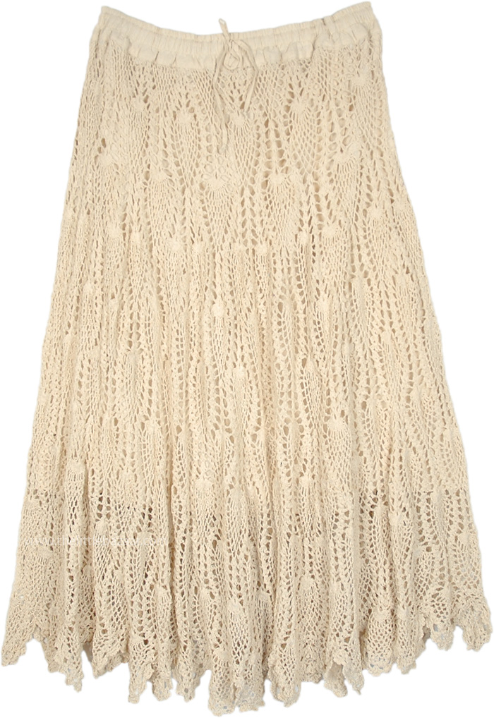 Creamy Beige Horizon All Over Crochet Long Skirt, Plus Size Milky Beige Cotton Crochet Bohemian Long Skirt