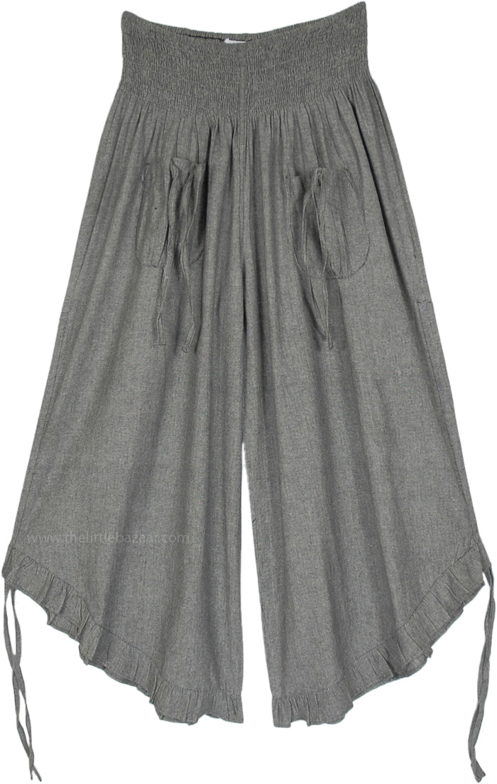 Grey Flared Calf Length Culotte Pants with Pockets, Mountain Grey Cotton Crop Side Ruched Pants