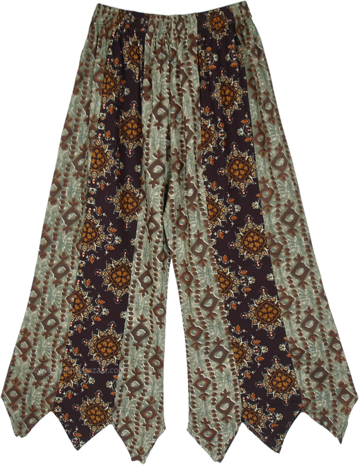 Olive and Black Floral Palazzo Pants with Uneven Bottom, Spooky Charm Wide Leg Gaucho Palazzo Pants