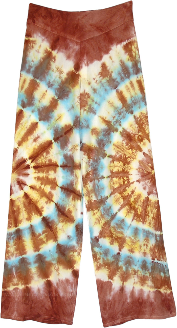 Colorful Tie Dye Hippie Pants for Yoga Beach Casual Wear, Color Collision Tie Dye Brown Straight Leg Pants