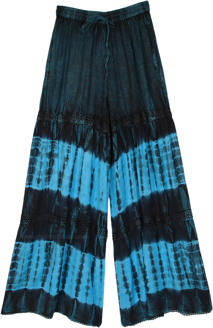 Tie Dye Stonewashed Pants for Yoga Beach Casual Wear, Stonewashed Tie Dye Bluemine Wide Leg Pants with Lace