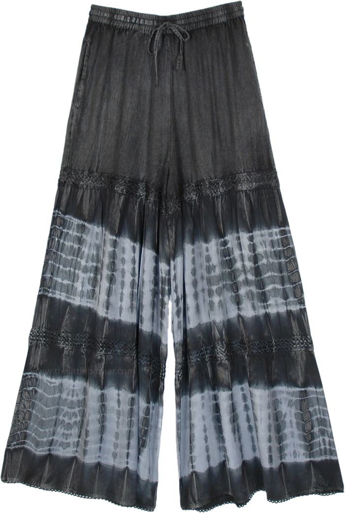 Tie Dye Stonewashed Pants for Yoga Beach Casual Wear, Grey Waves Tie Dyed Stonewashed Rayon Pants with Lace Details