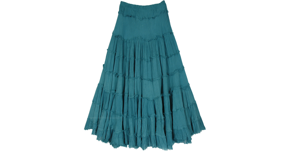 Teal Blue Crinkled Cotton Boho Tiered Midi Skirt