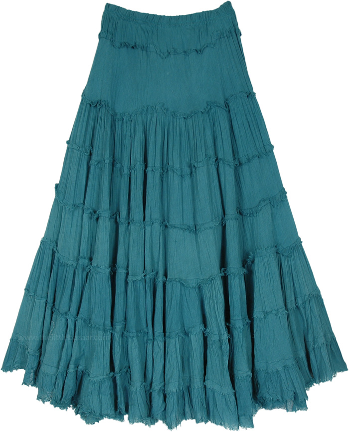 Womens Casual Midi Skirt in Teal Blue, Teal Blue Crinkled Cotton Boho Tiered Midi Skirt