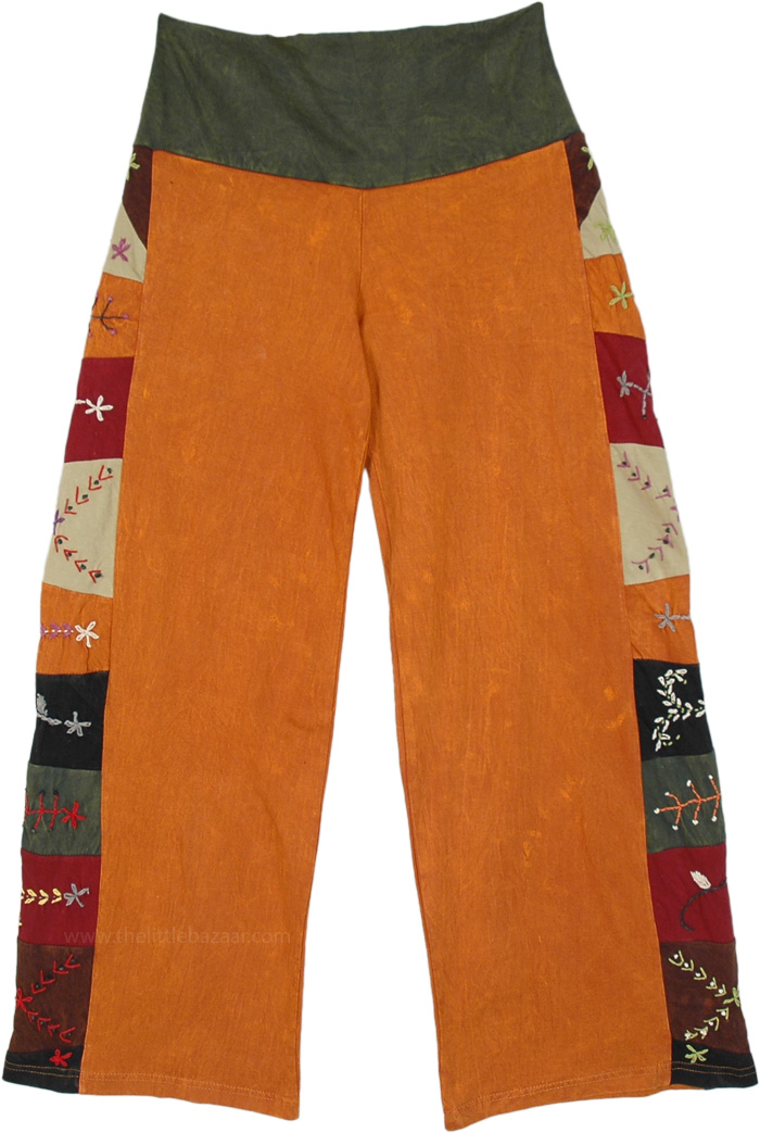 Embroidered straight cotton pants