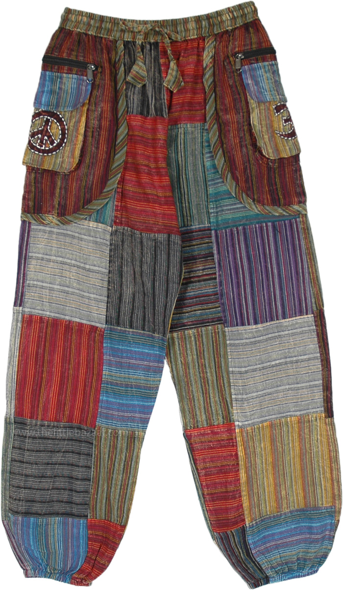 Black Patchwork Harem Pants, Boho Hippie Harem Pants, Wide Leg Yoga
