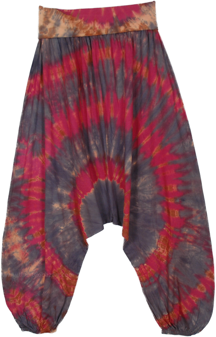 Tie Dye Accents Unisex Aladdin Drop Crotch Pants , Fiery Blaze Tie Dye Aladdin Pants