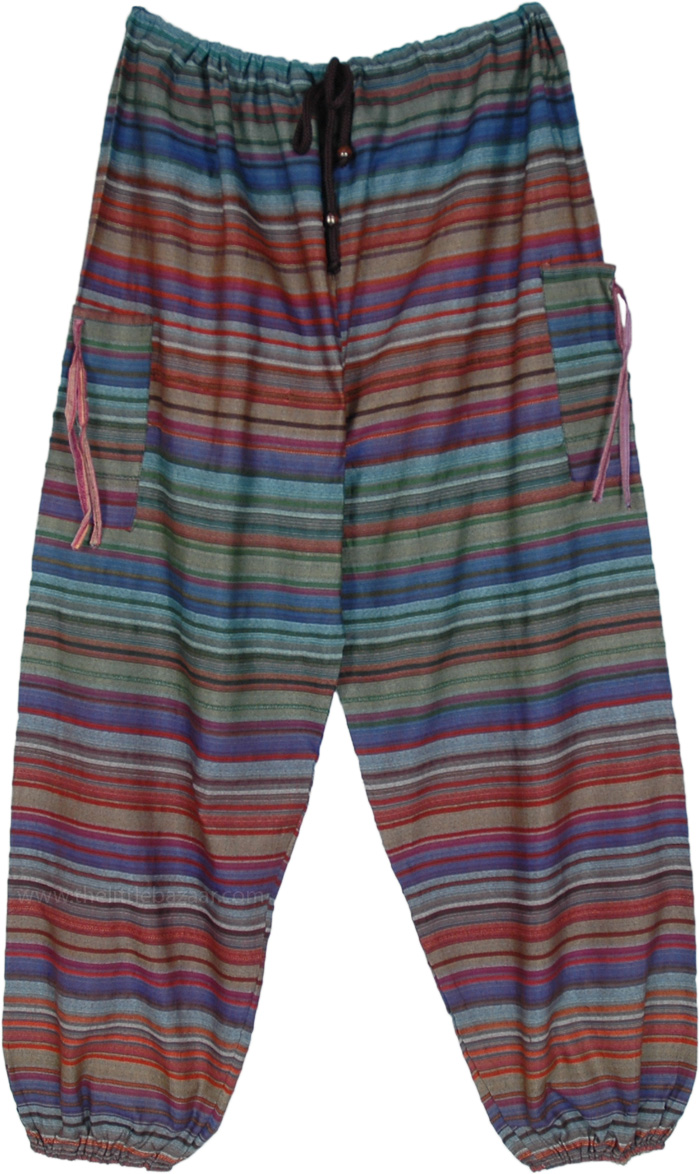 Hippie Wave Striped Cotton Harem Pants with Pockets