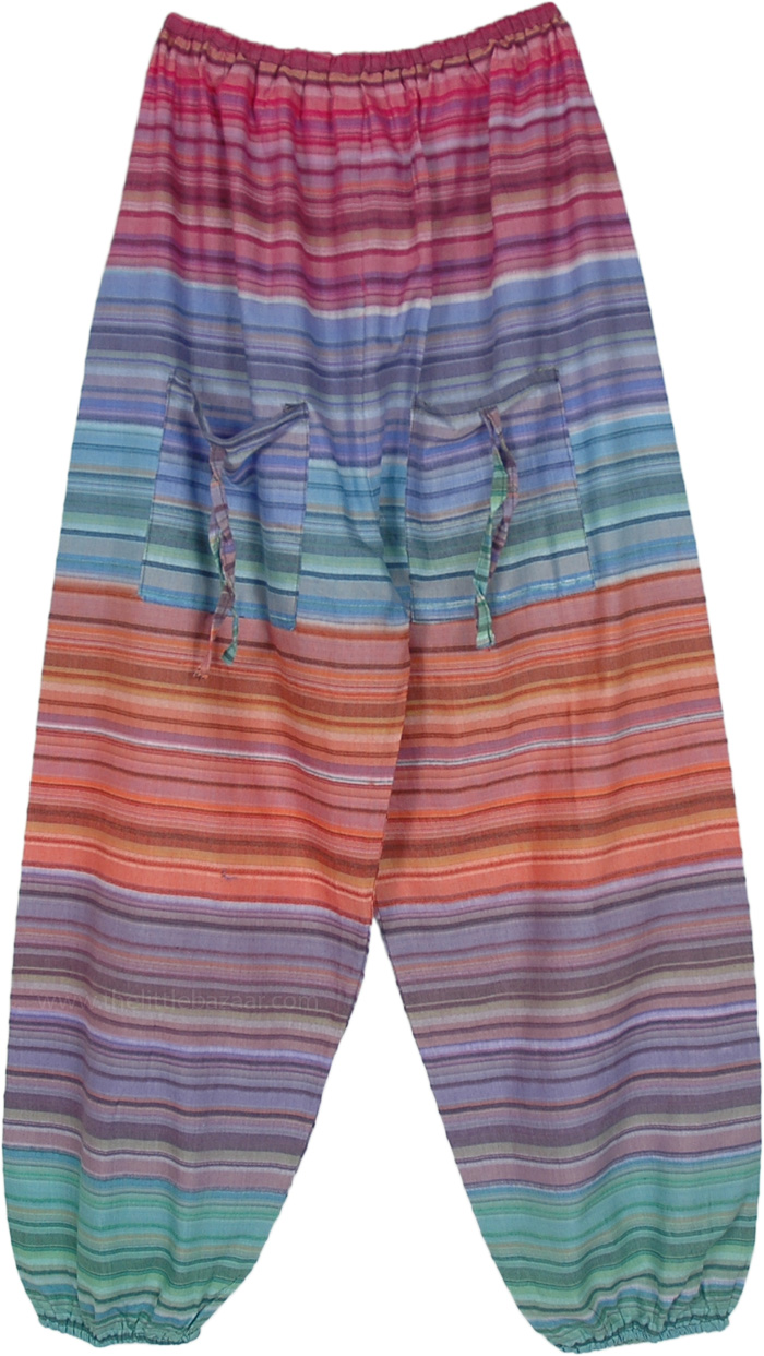 Leisurewear Cotton Pants with Stripes and Front Pockets, Multicolored Striped Cotton Hippie Pants with Front Pockets
