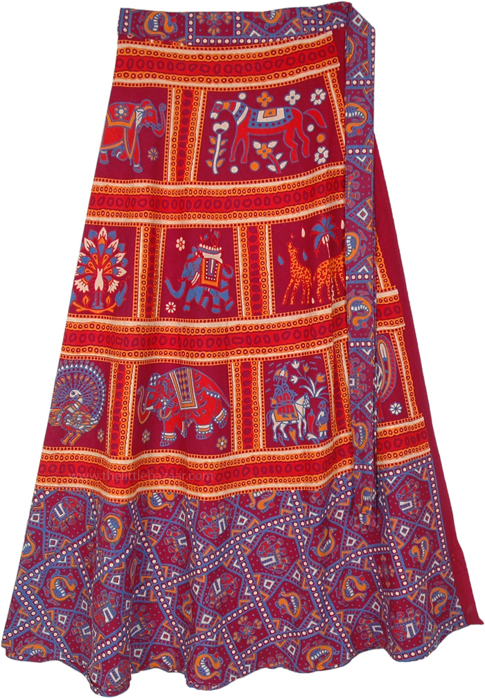 Wrap Skirt in Deep Red and Blue with Tribal Print, Tribal Safari Mahogany Red Cotton Wrap Around Skirt