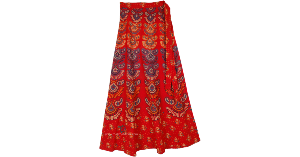 Ethnic Block Print Cotton Wrap Skirt in Red | Red | Wrap-Around-Skirt ...