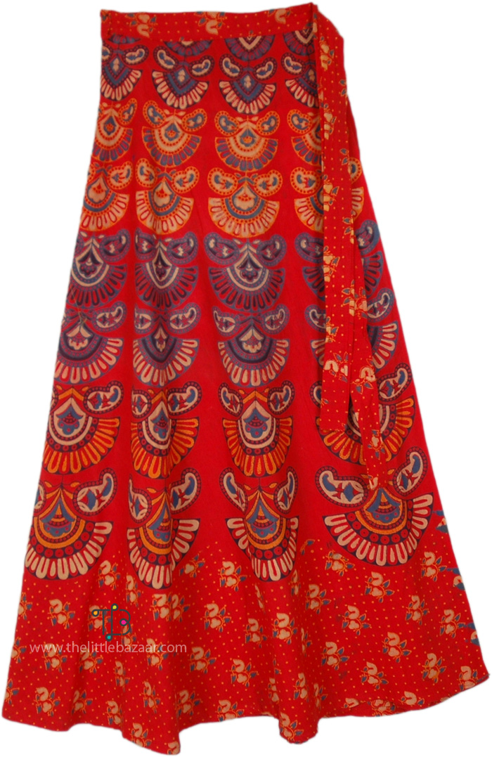 Ethnic Block Print Cotton Wrap Skirt in Red