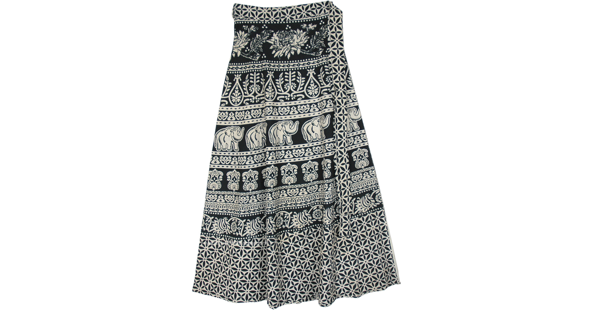 Elephant Floral Ethnic Printed Black White Wrap Skirt | Black | Wrap ...