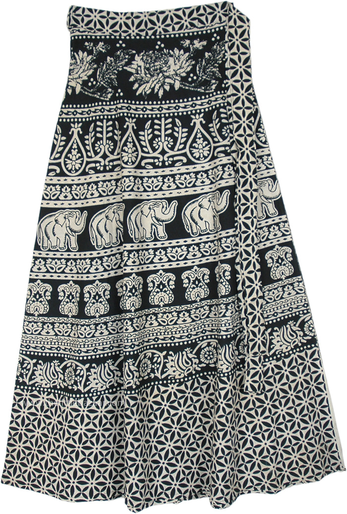 Black White Indian Wrap Skirt with Animal and Motifs, Elephant Floral Ethnic Printed Black White Wrap Skirt