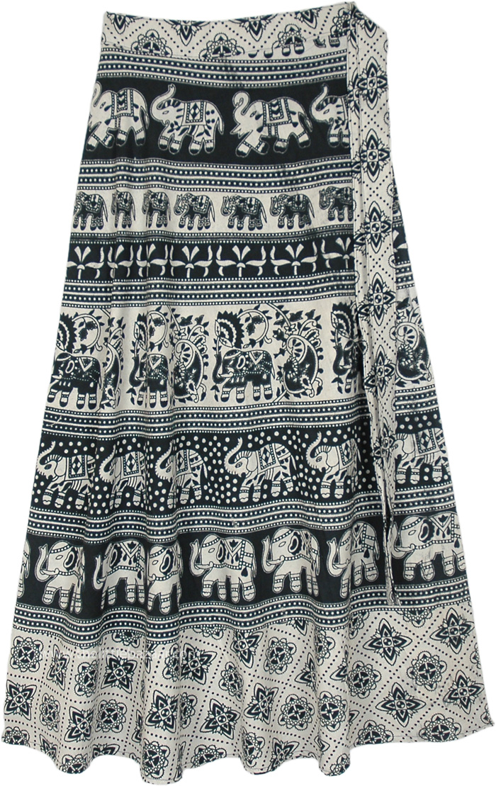 Black White Elephant Kingdom Ethnic Wrap Around Skirt