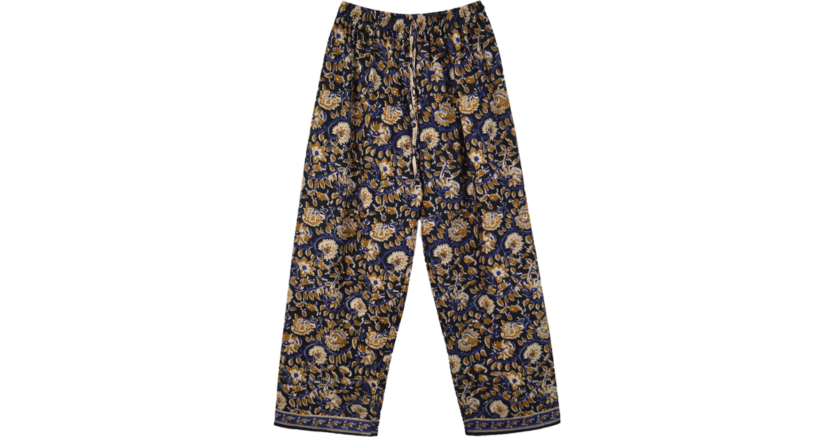 Cotton Floral Printed Pajama Pants with Elastic Waist | Black | Split ...
