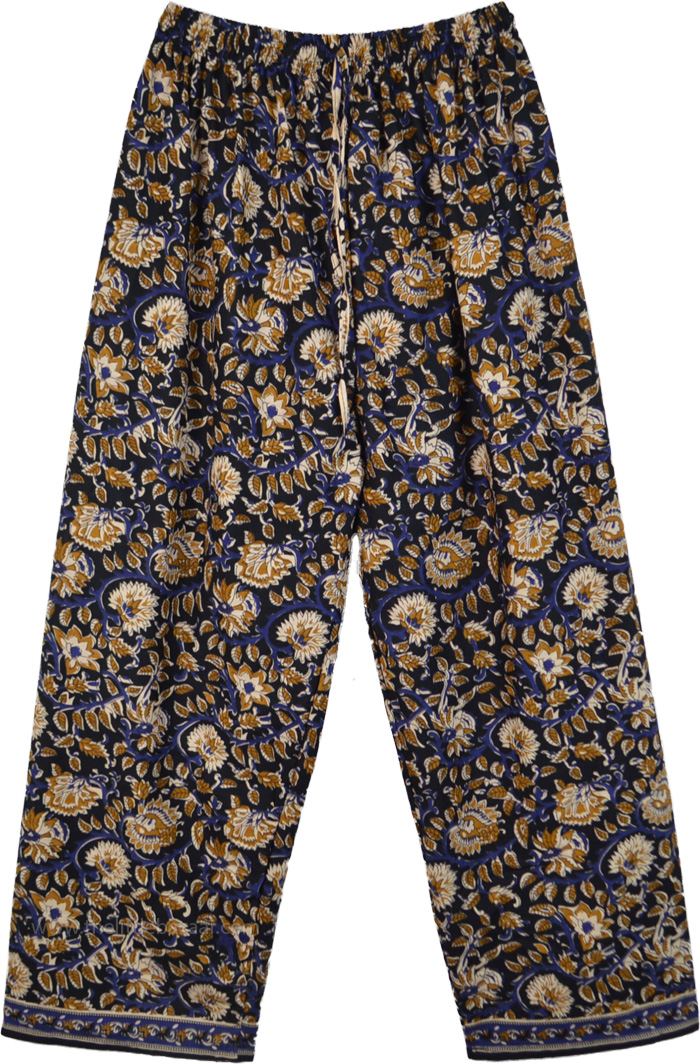 Cotton Floral Printed Pajama Pants with Elastic Waist | Black | Split ...