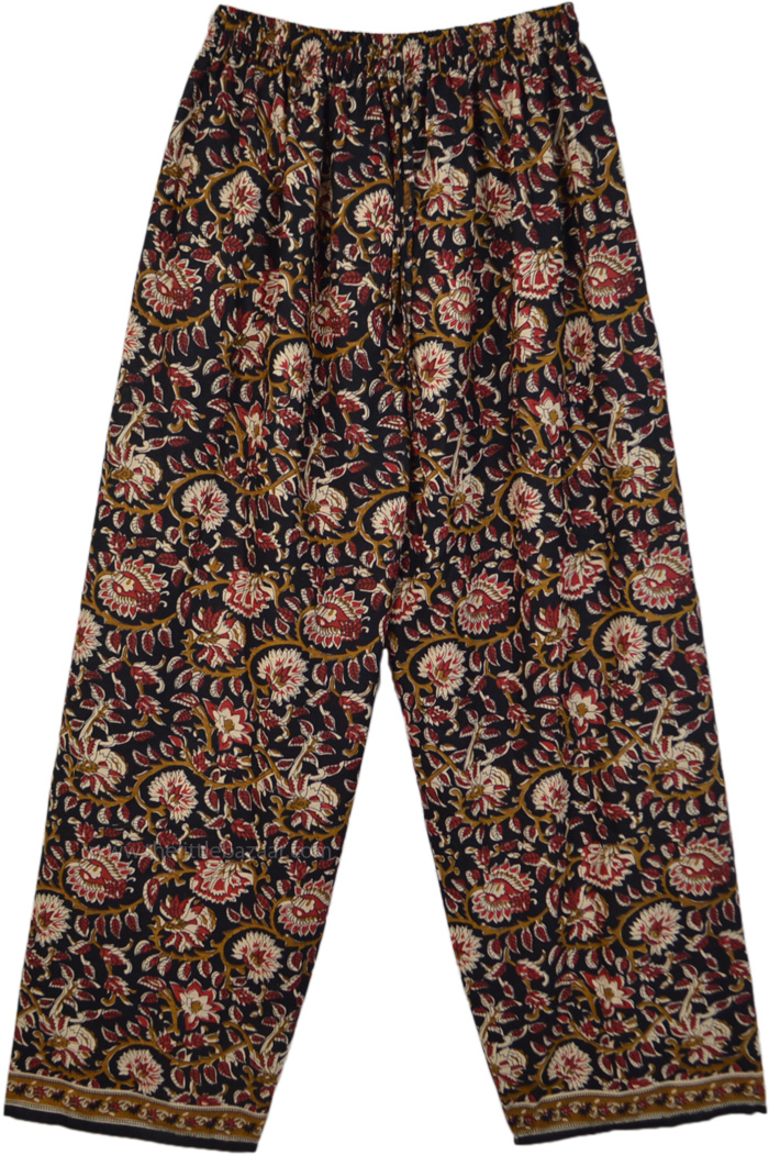 Hippie Cotton Pajama Pants with Dense Leaves and Floral Print, Straight Fit Cotton Pants in Black with Floral Print
