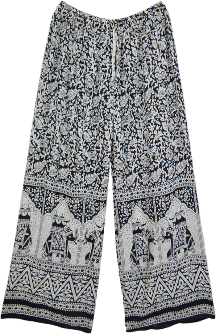 Black and White Pants with Ethnic Floral and Elephant Print, XS To S Black White Ethnic Elephant Print Wide Leg Pants