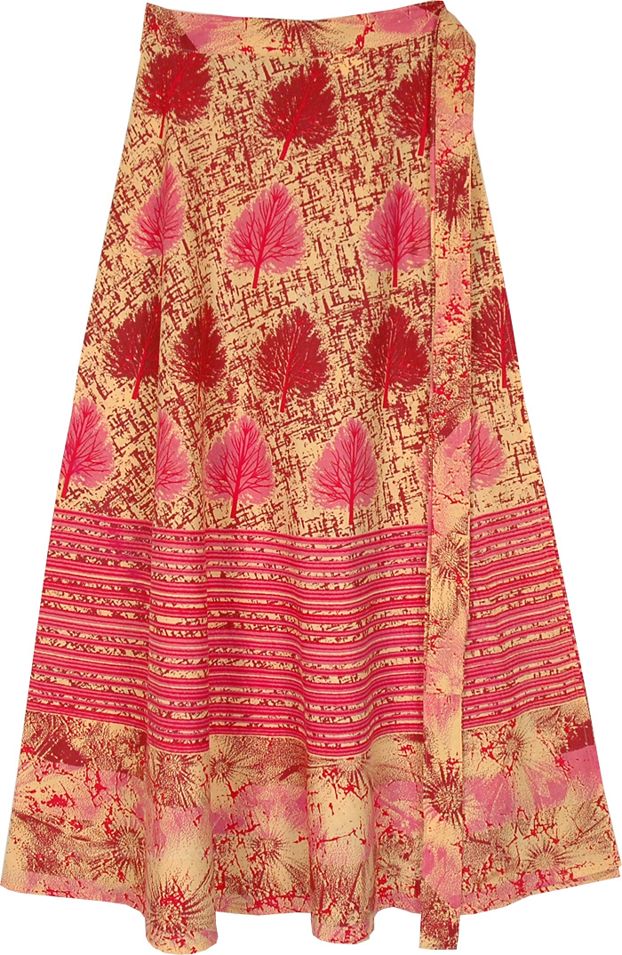 Indian Wrap Cotton Skirt with Pink and Red Leaf Motifs, Autumn Leaves Wrap Around Cotton Skirt