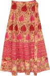Indian Wrap Cotton Skirt with Pink and Red Leaf Motifs [8501]