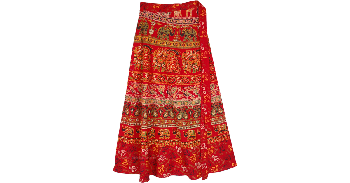 Ethnic indian Printed Cotton Maxi Wrap Skirt | Red | Wrap-Around-Skirt ...