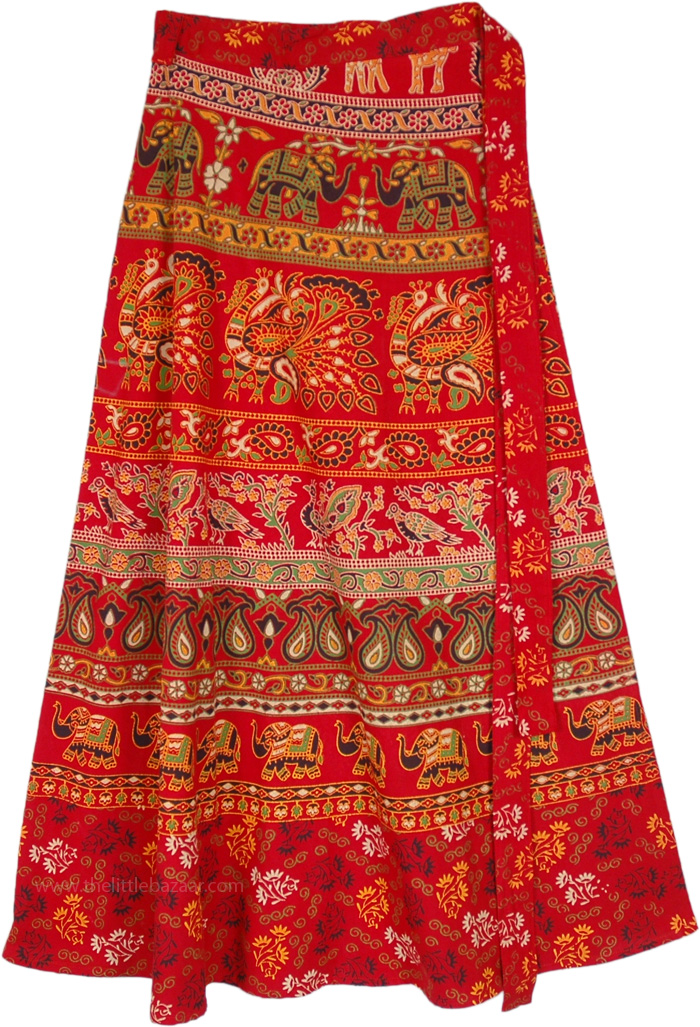 Red Indian Long Skirt with Ethnic Block Prints, Ethnic indian Printed Cotton Maxi Wrap Skirt