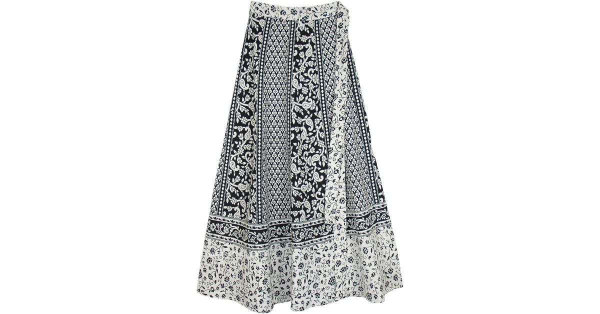 Black and White Ethnic Floral Wrap Around Skirt White WrapAround