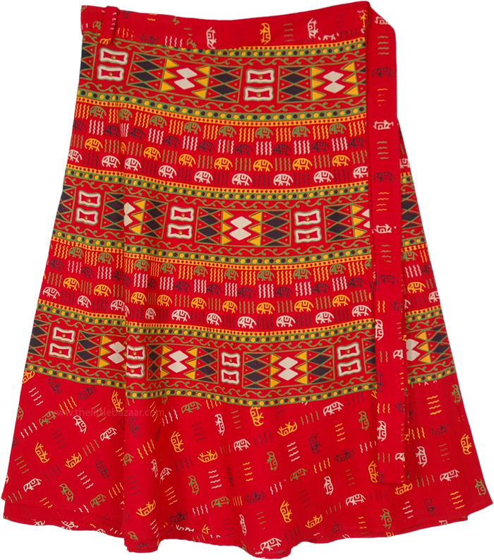 Plus Size Tribal Print Red Cotton Wrap Skirt