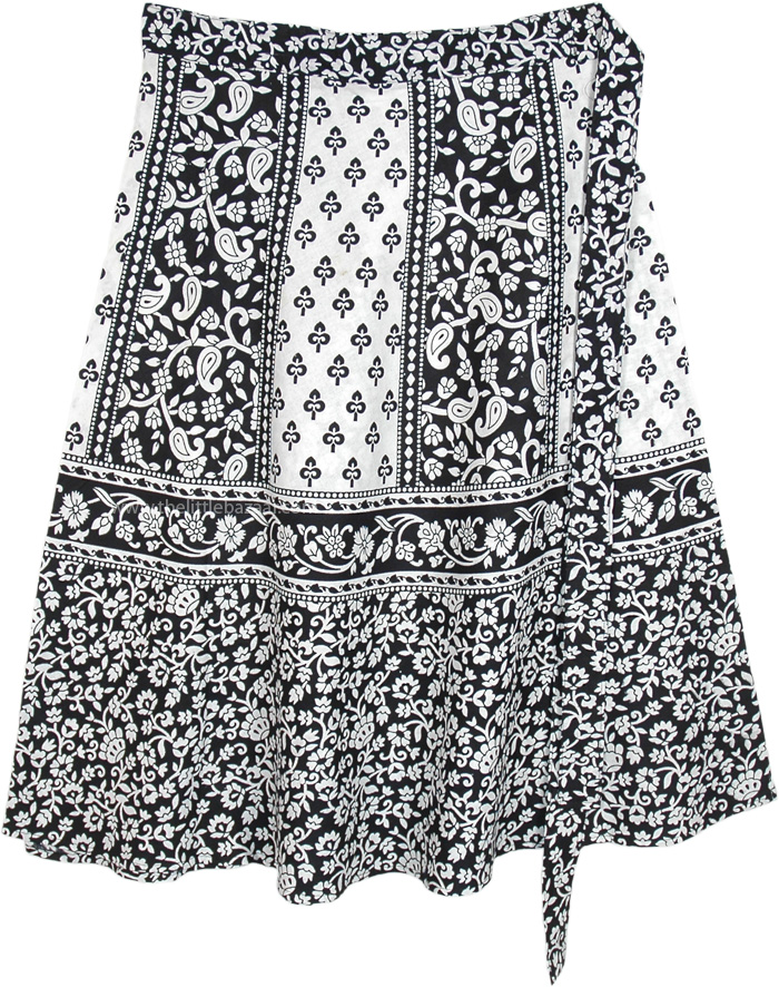 Soothing Ethnic Print Wrap Around Skirt in Cotton, Floral and Paisley Plus Short Wrap Skirt in Black And White