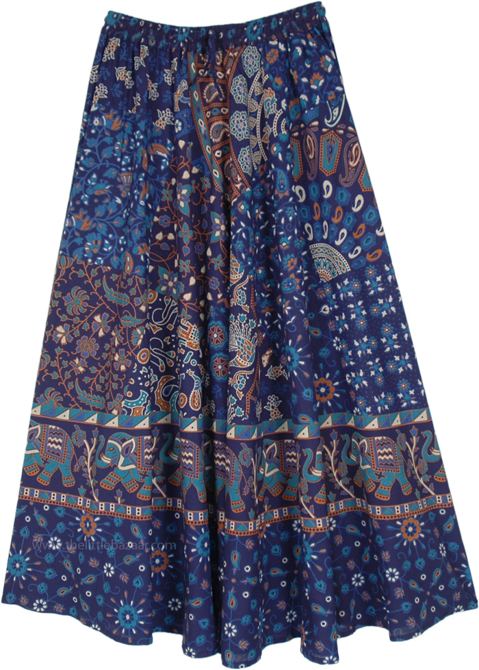 Ethnic Blue Shuffle Prints Cotton Maxi Skirt