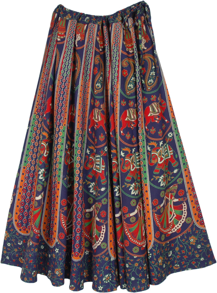 Ethnic Printed Long Skirt with Adjustable Waist, Elephant Printed Deep Navy Cotton Long Drawstring Skirt