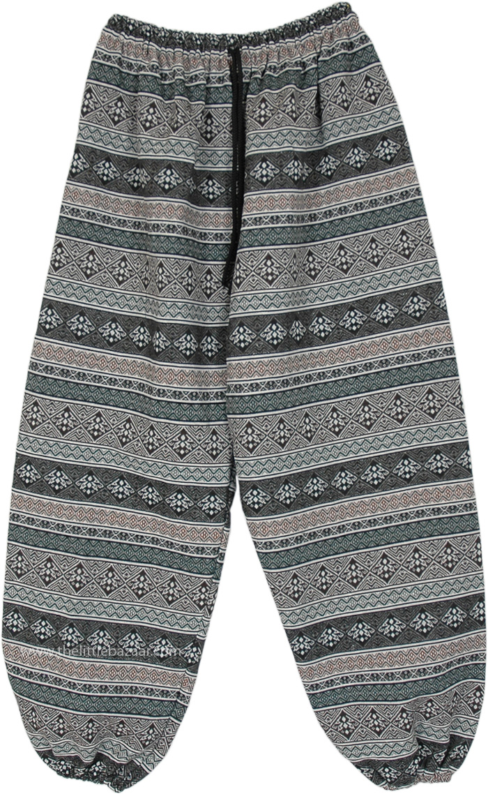 Cotton Beach Striped Harem Pants in Grey with Pocket, Striped Weave Thick Cotton Winter Hippie Pants