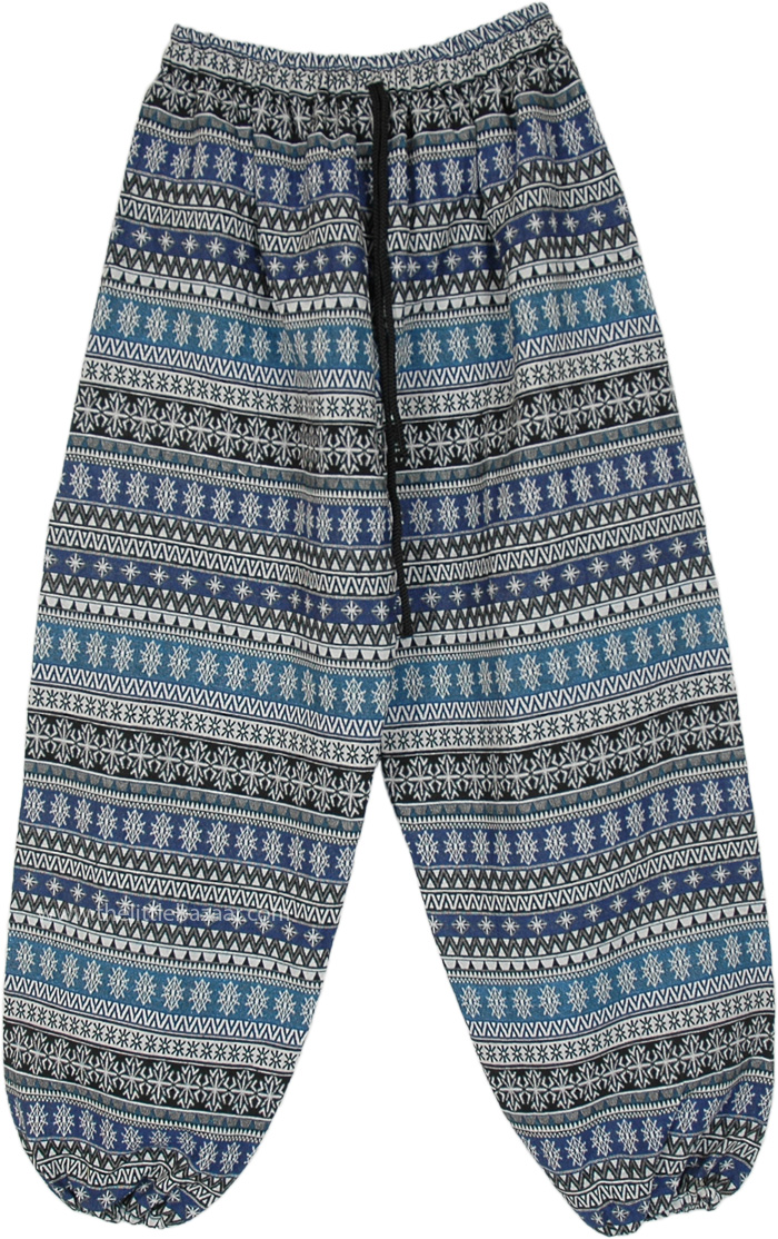 Cotton Beach Yoga Pants in Blue with Pocket, Frost Blue Tribal Vibes Striped Pattern Harem Pants