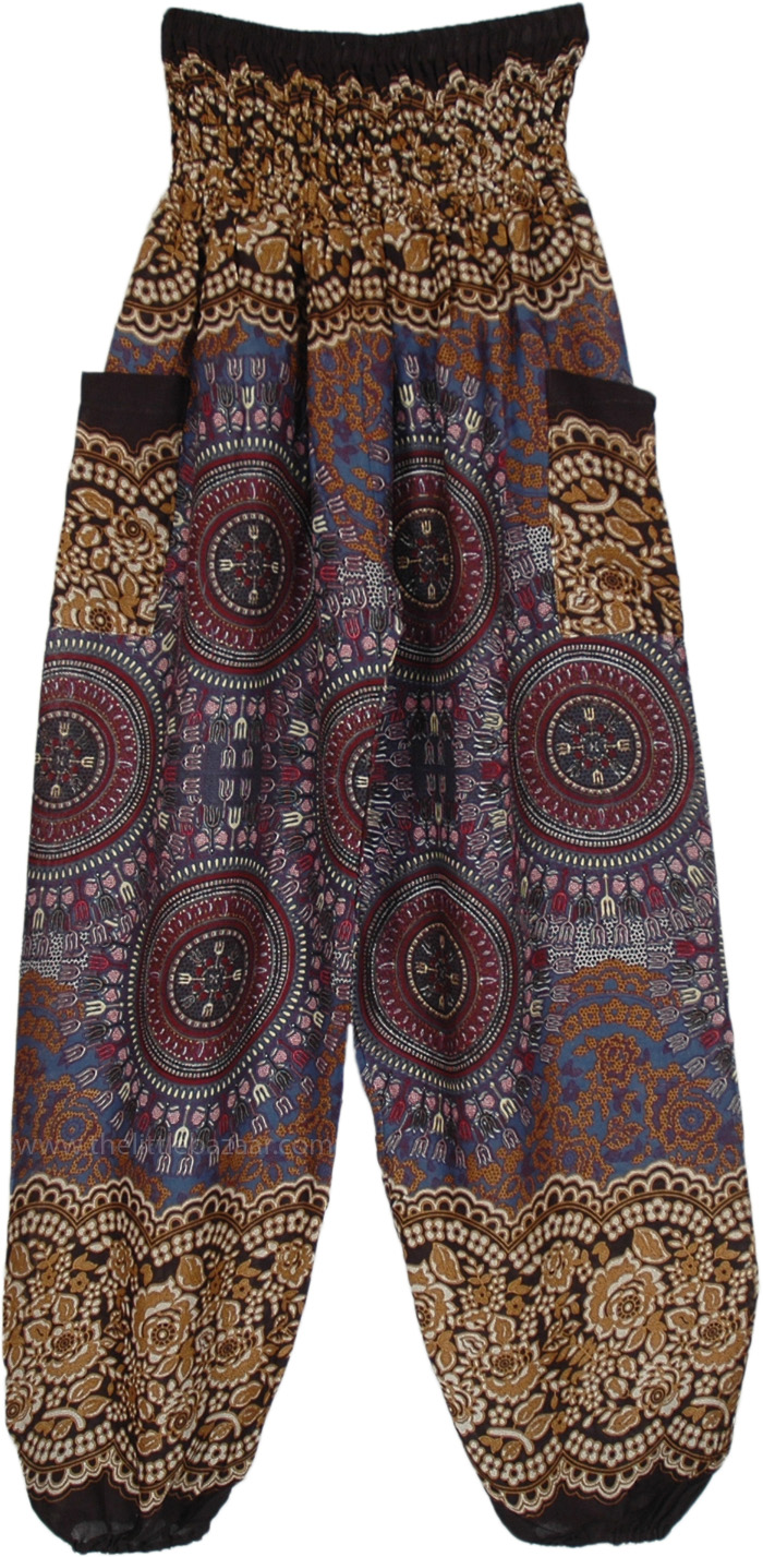 Mandala Printed Smocked Harem Pants with Pockets | Brown | Split-Skirts ...