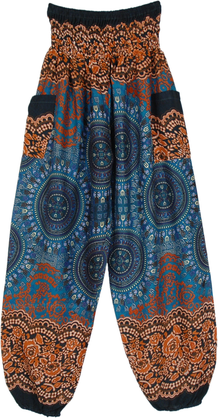 Deep Blues Mandala Printed Harem Pants with Smocked Waist, Blue