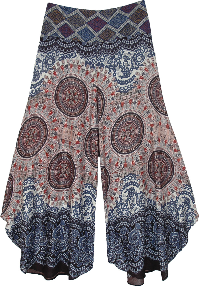 Floral and Geometrical Split Wide Leg Pants With Woven Waist Band, Turkish Design Printed Wide Leg Bohemian Pants