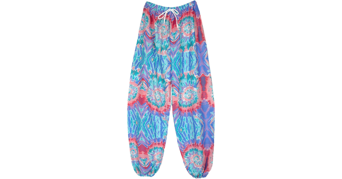 Cool Blue Coral Hippie Harem Pants with Tie Dye Style Print Blue