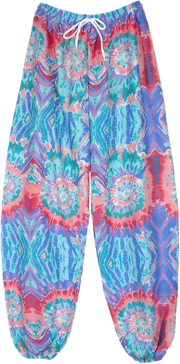 Coral Colors Printed Rayon Pants with Elastic Bottom, Cool Blue Coral Hippie Harem Pants with Tie Dye Style Print