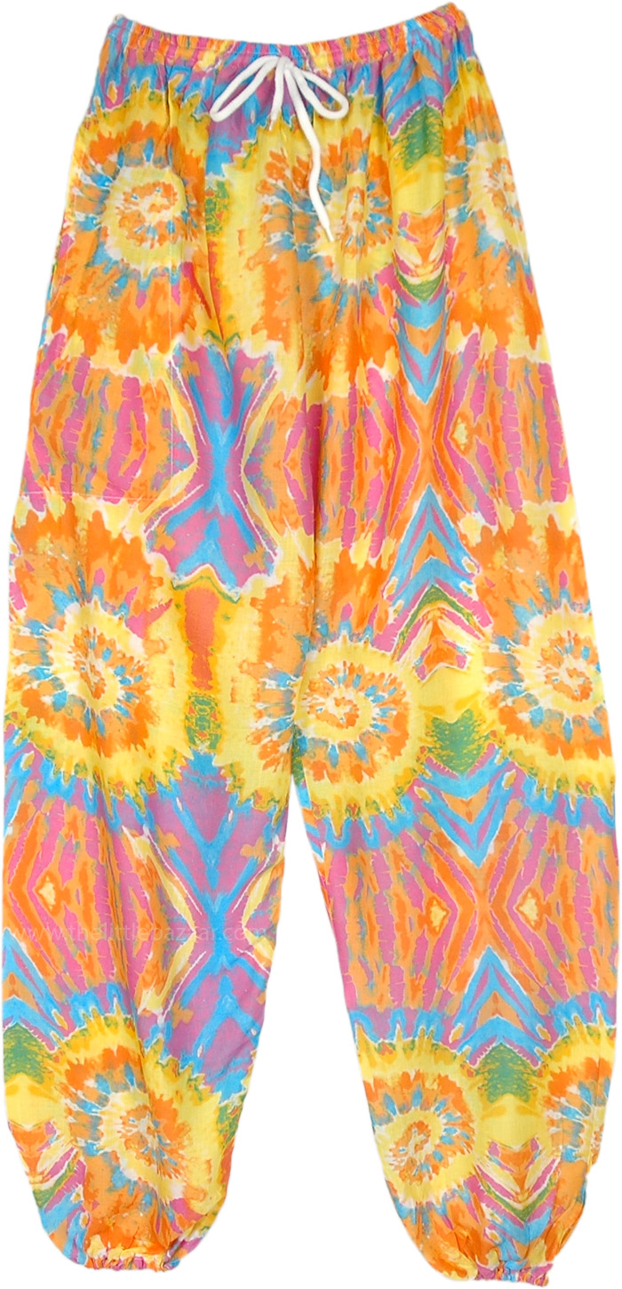 Summer Colors Printed Rayon Pants with Elastic Bottom, Circus Magic Printed Hippie Harem Pants