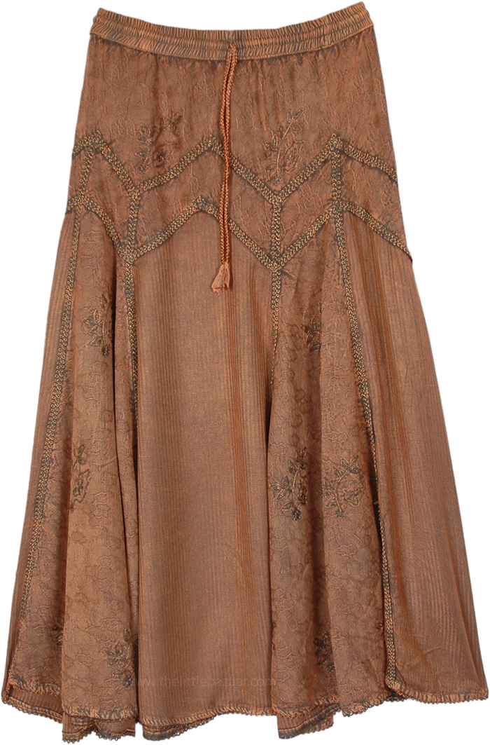 Copper Renaissance Rayon Skirt with Embroidery, Rustic Hues Western Maxi Skirt with Embroidery
