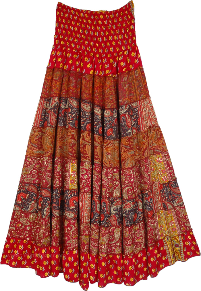 Passionate Warm Toned Ethnic Skirt with Smocking, Phoenix Paisley Silk Blend Red Skirt Dress