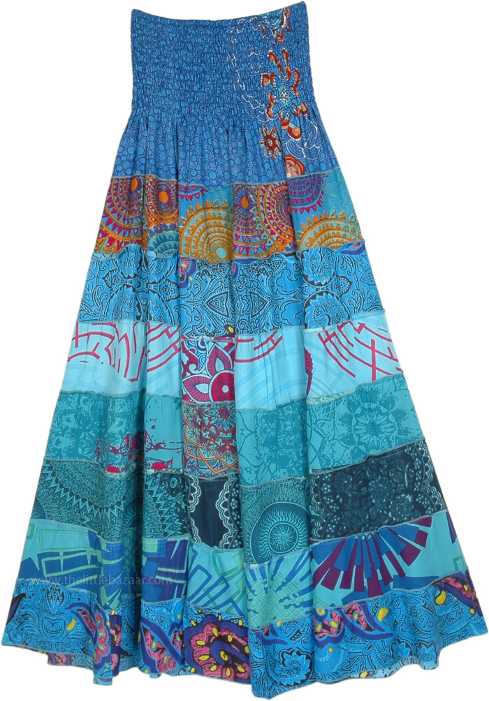 Smocked Waist Tiered Rayon Skirt with Wide Hemline, Blue Heaven Heavy Rayon Skirt Dress with Smocked Waist
